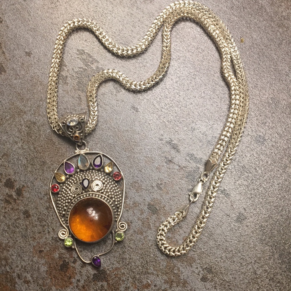 Sterling Silver Amber and Gemstone Necklace